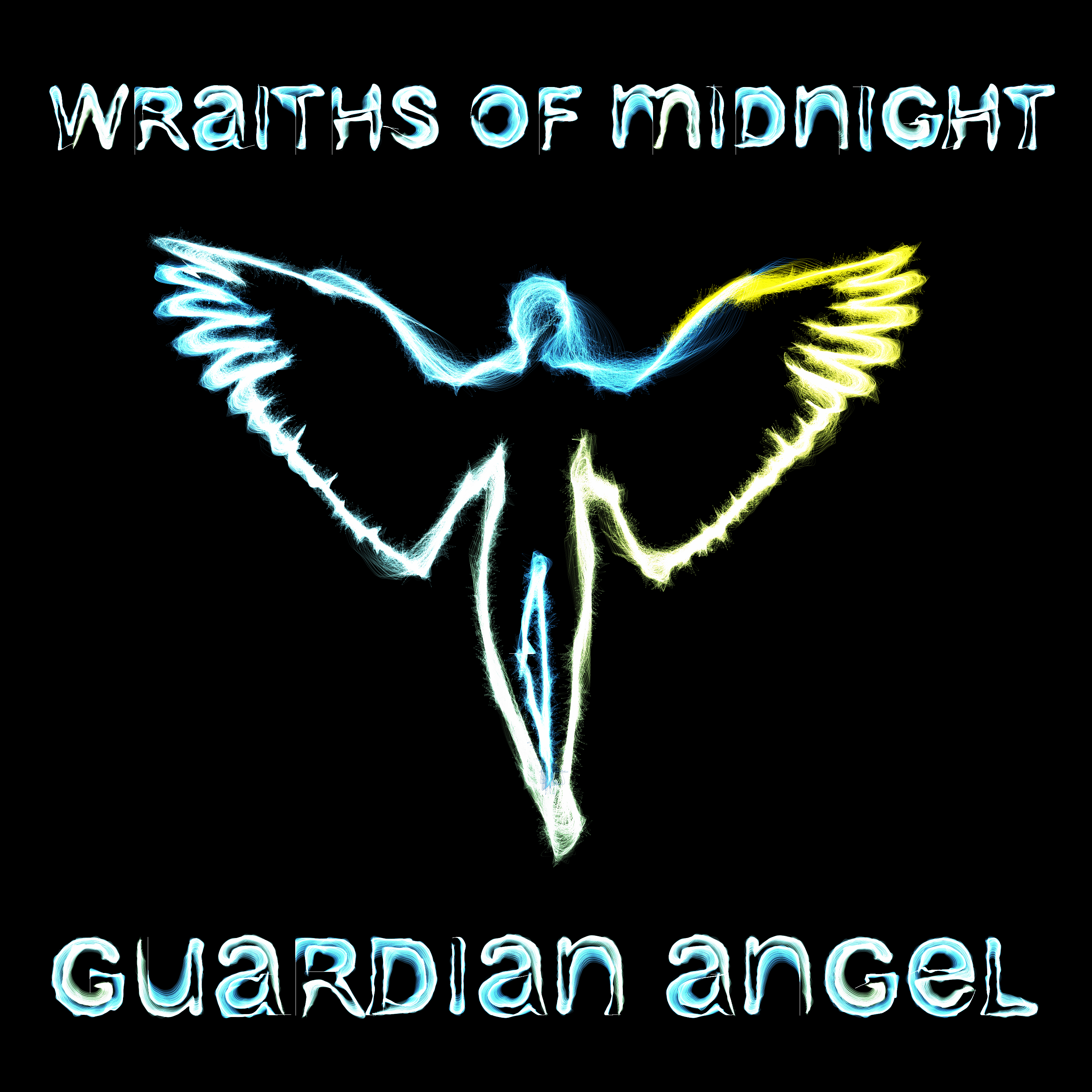 It says Guardian angel on the top, with an angel drawn by a stroke of white, blue and yellow. With the name wraiths of midnight on top. The background is black 